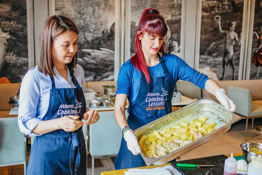 Athens: Greek Cuisine Cooking Class and 3-Course Dinner - The meal moment: wine, sharing, and eating with Acropolis views